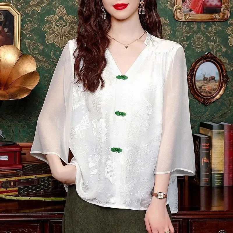 New Chinese Style Chiffon Blouse Women's Summer Seven-point Sleeve V-neck Button Loose Fit Elegant Top