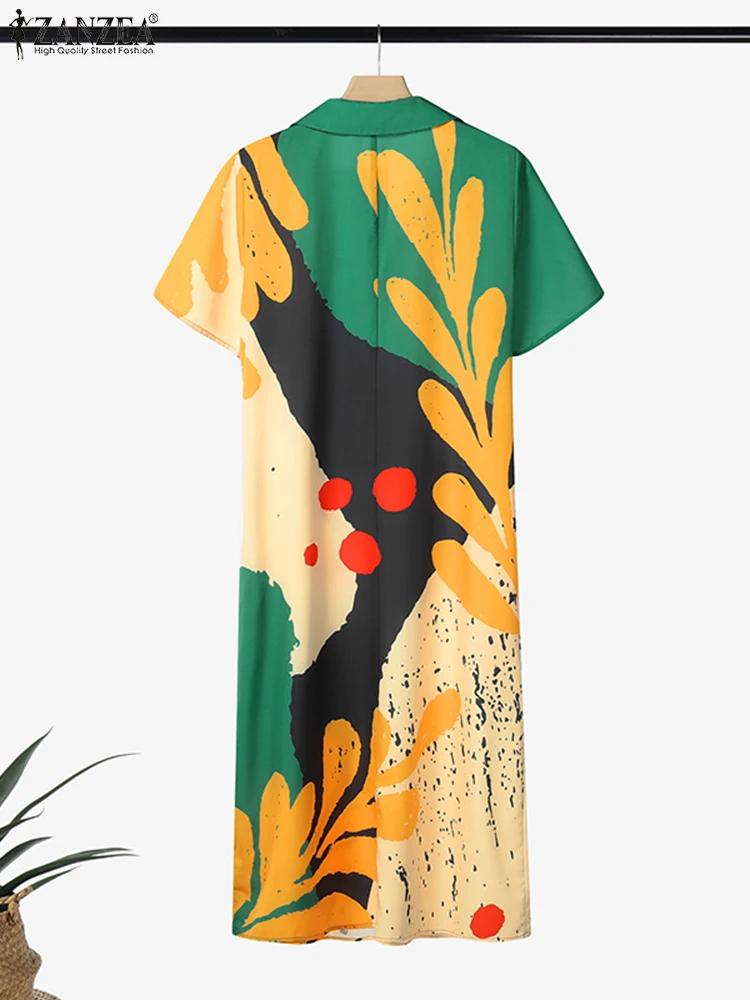 ZANZEA-Vestidos de manga corta con cuello vuelto para mujer, Vestidos informales con estampado Floral para mujer, Vestidos por debajo de la rodilla de verano 2025, Vestidos sueltos para vacaciones