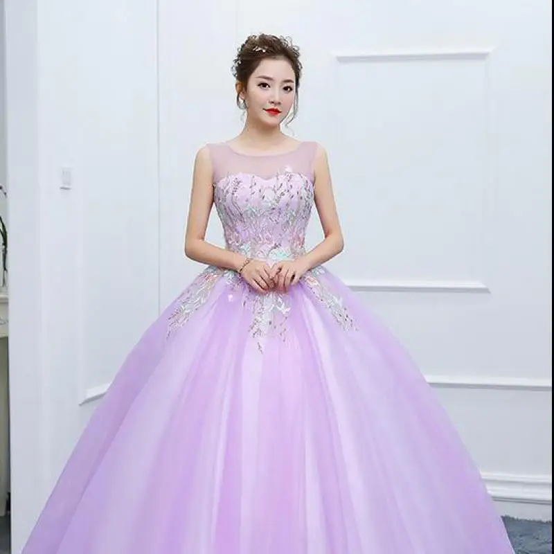 Vestido De quinceañera púrpura sin mangas, Vestido largo hasta el suelo, Vestido De baile De tul Floral, cuello redondo clásico, nuevo