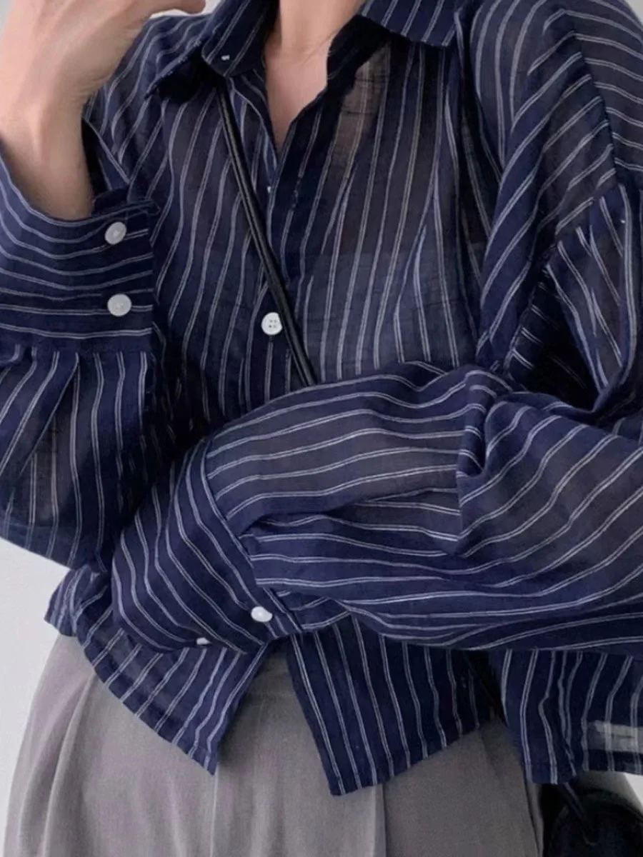 Casual Striped Shirt Women's Thin Long Sleeve Spring Summer New Design Top Short Straight Cut Buttoned Ladies Fashion