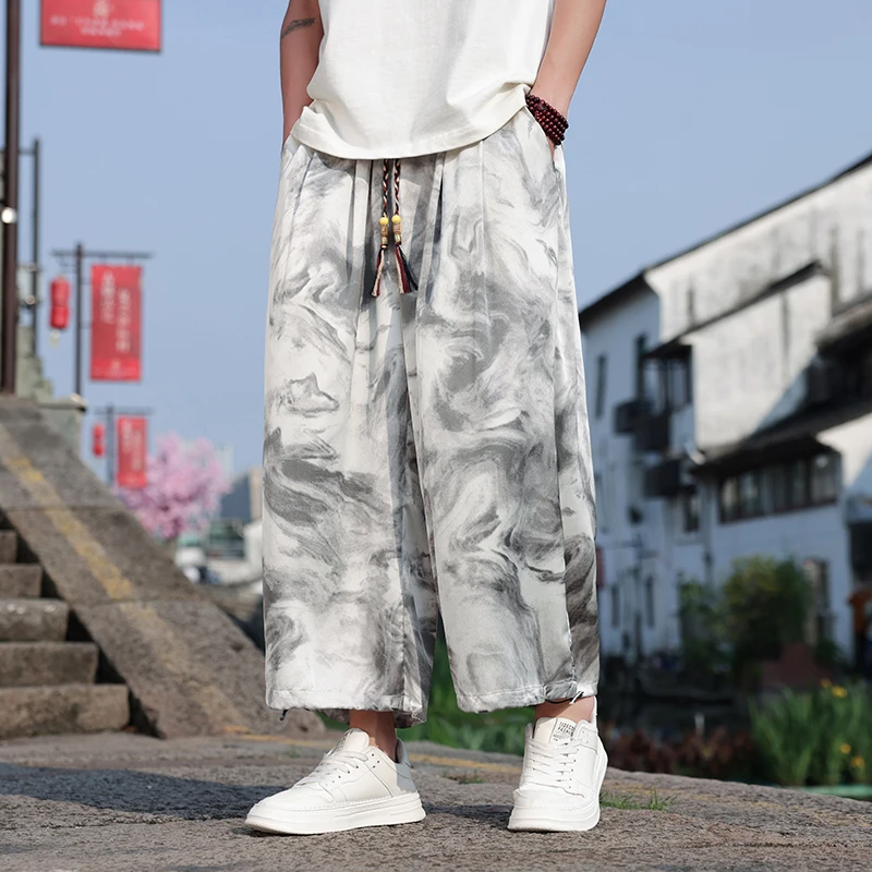 M-5XL Plus Size Men's Wide Leg Pants Japanese Streetwear Yoga Pants Hip Hop Baggy Trousers Chinese Type Painting Summer Clothing