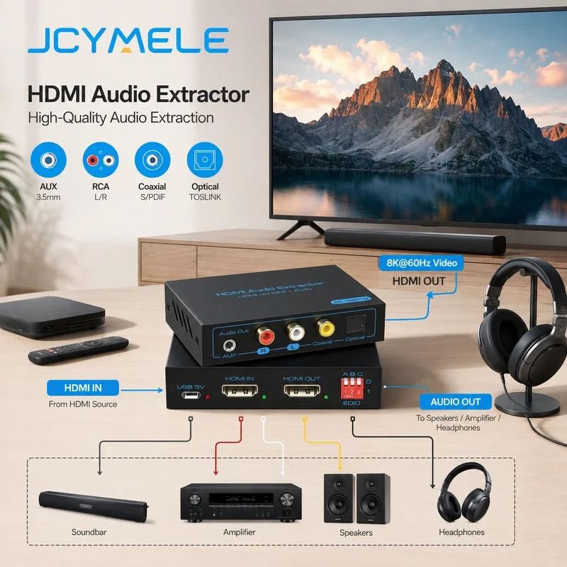 HDMI ARC Audio Converter Adapter, Optical/Coaxial/RCA/3.5mm Decoder with DTS/Dolby/AC3/LPCM for TV Soundbar Home Theater JCYMELE