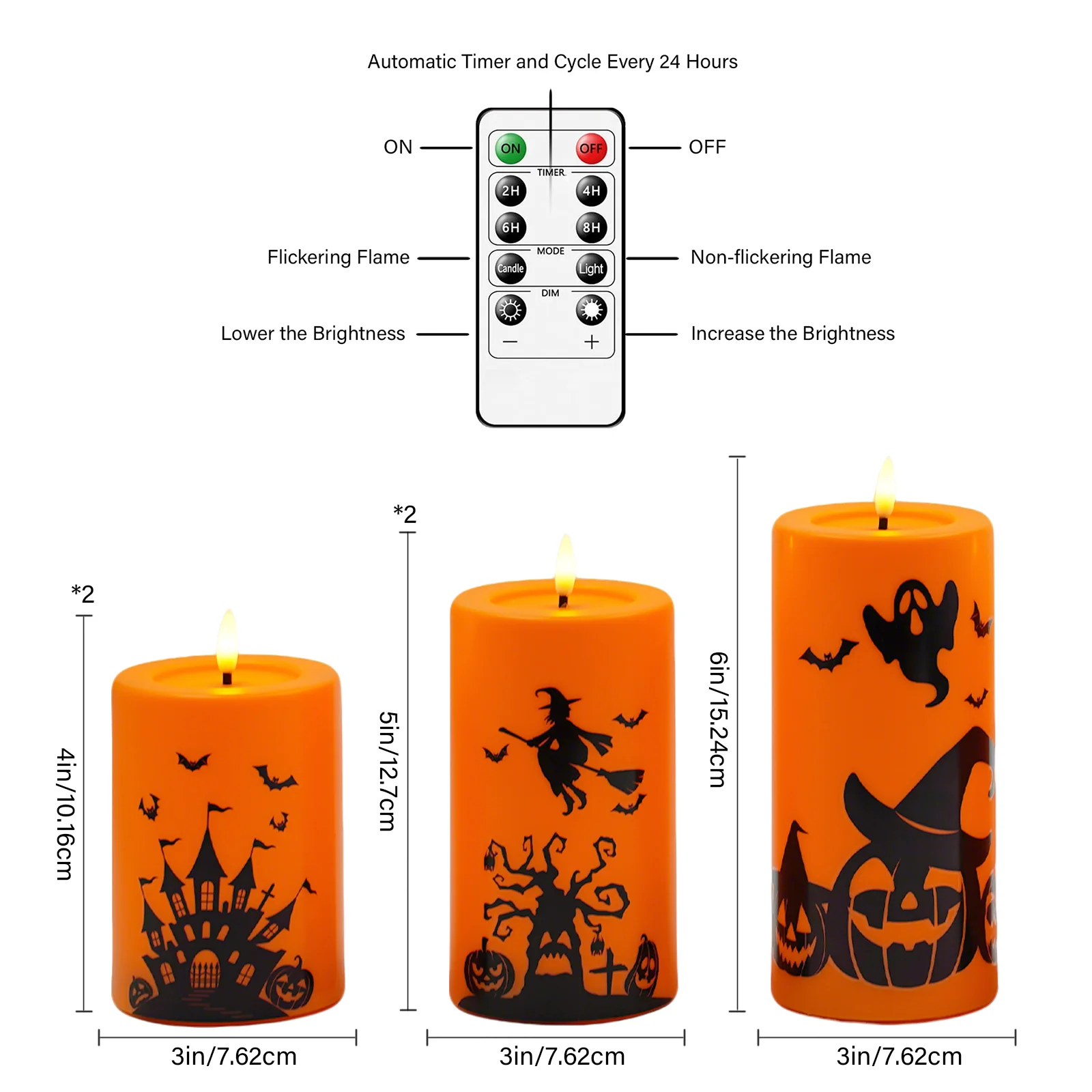 5Pcs Halloween Decoration LED Flameless Candles Flickering Remote Control Timer Pumpkin Ghost Witch Decor Pattern Pillar Candles