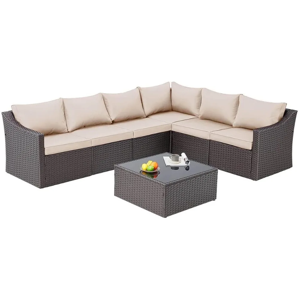 7 Pcs Patio Furniture Set All Weather Sectional Sofa with Red Cushion & Coffee Table,Khaki