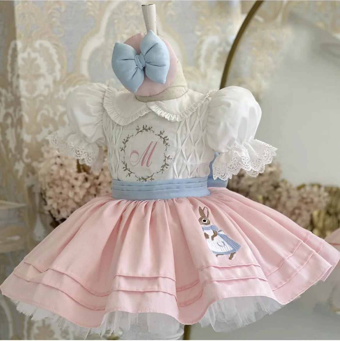 

Baby Girl Summer Rabbit Embroidery Pink Turkish Vintage Lolita Princess Ball Gown Dress for Birthday Holiday Eid Photography B72