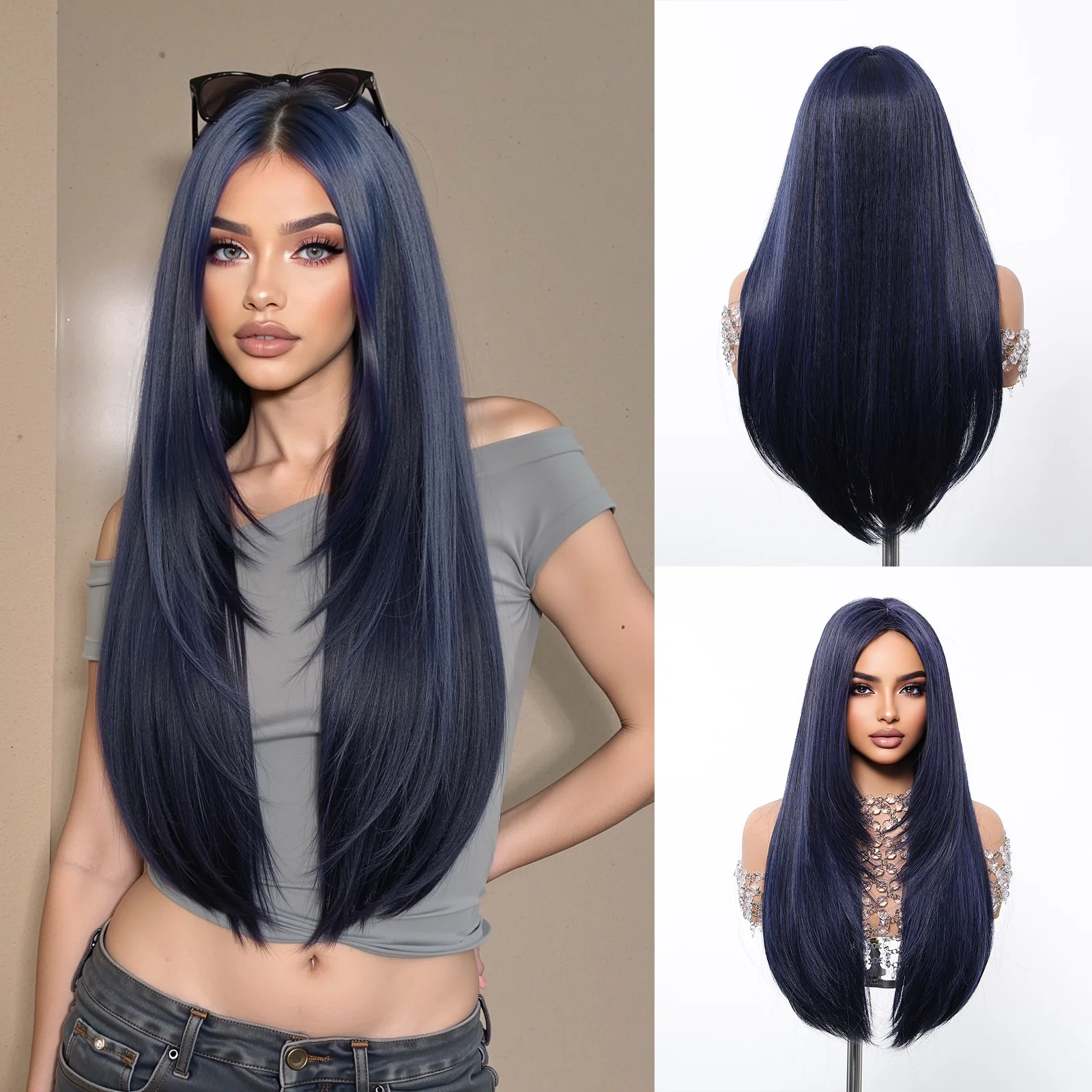 

Темно-синий длинный прямой многослойный парик Синтетические женские парики Средняя часть Косплей Вечеринка Ежедневное использование Натуральные волосы Термостойкое волокно
