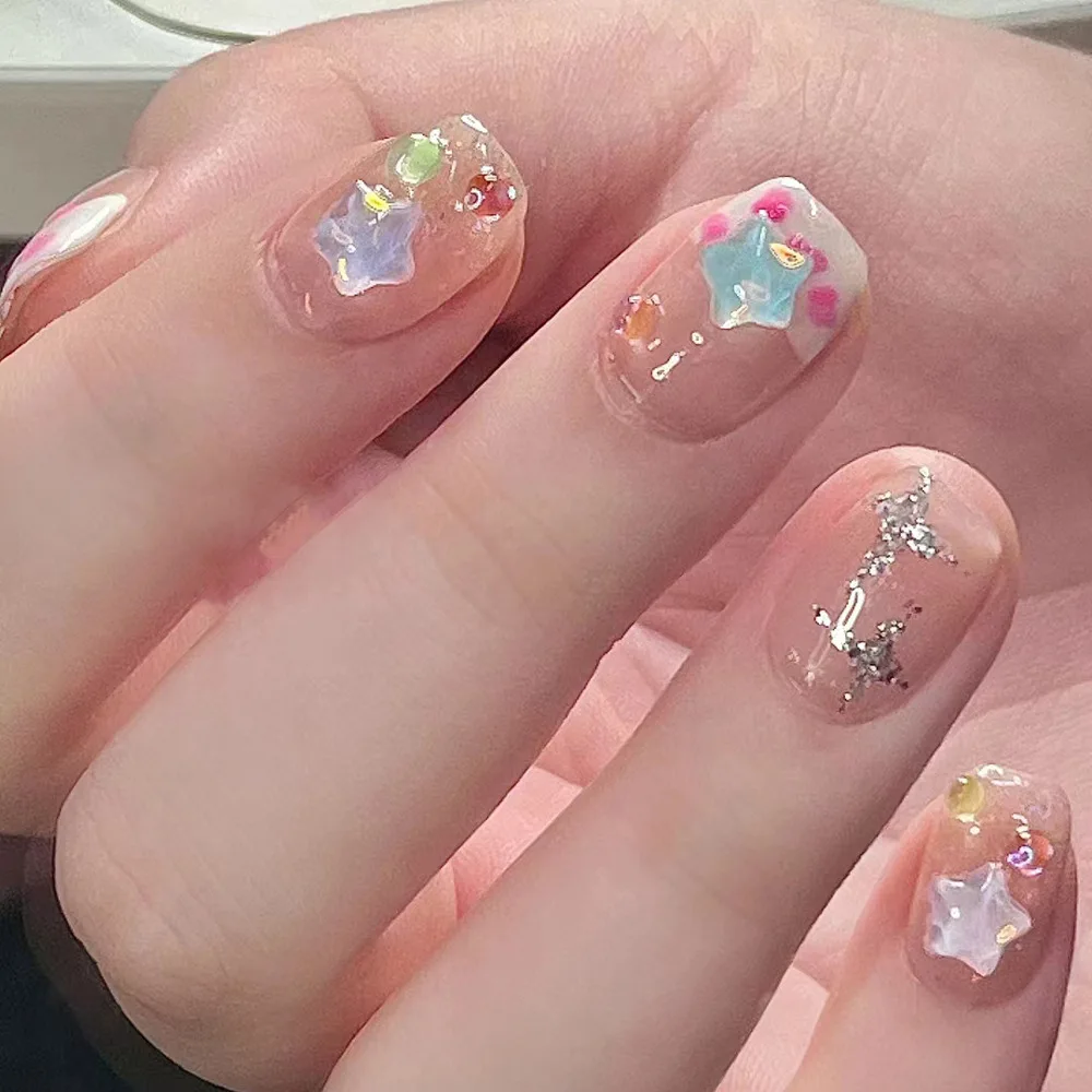 

24Pcs Sweet Cute Colorful Star French Acrylic Fake Nail Ballet Polka Dot False Nails with Glue Pink Short Reusable Stick on Nail