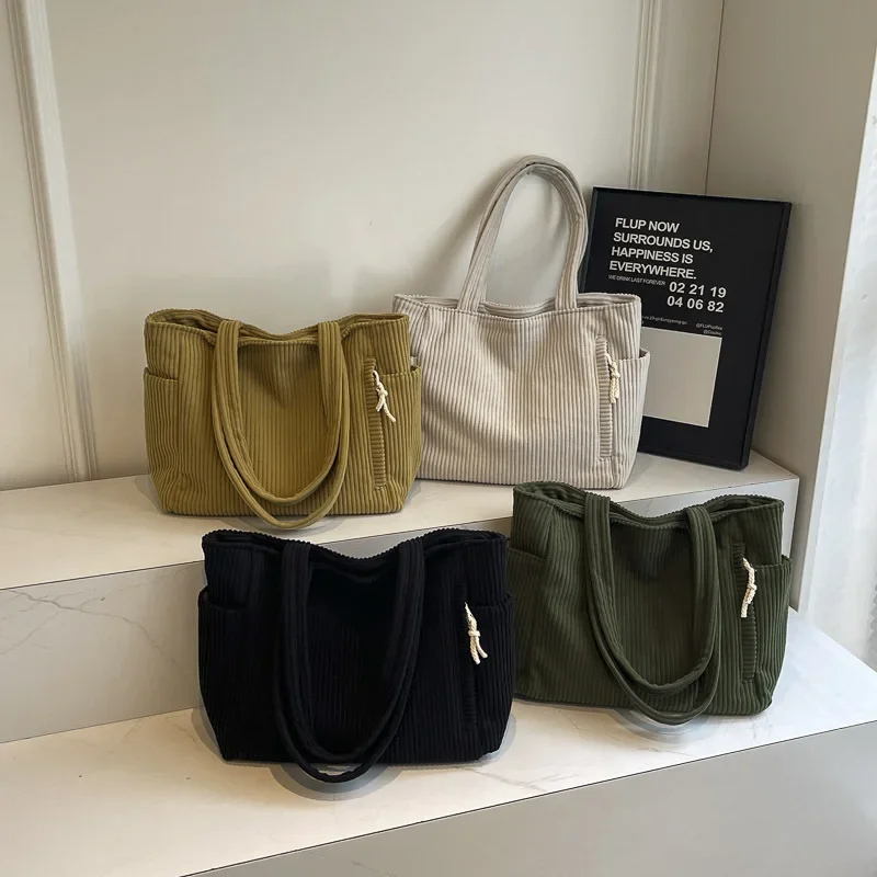 

2025 Fashionable Striped Velvet Handbag Simple Style Corduroy Shoulder Bag Solid Color Large Capacity Commuting Women's Tote Bag