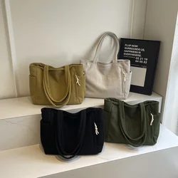 2025 Fashionable Striped Velvet Handbag Simple Style Corduroy Shoulder Bag Solid Color Large Capacity Commuting Women's Tote Bag