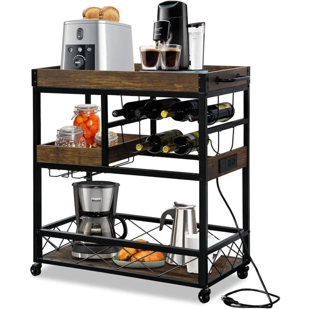 

Bar cart Serving Cart With Wine Rack & Glass Holder Bar Tables Coffee Bar Table Station With Storage Power Outlet