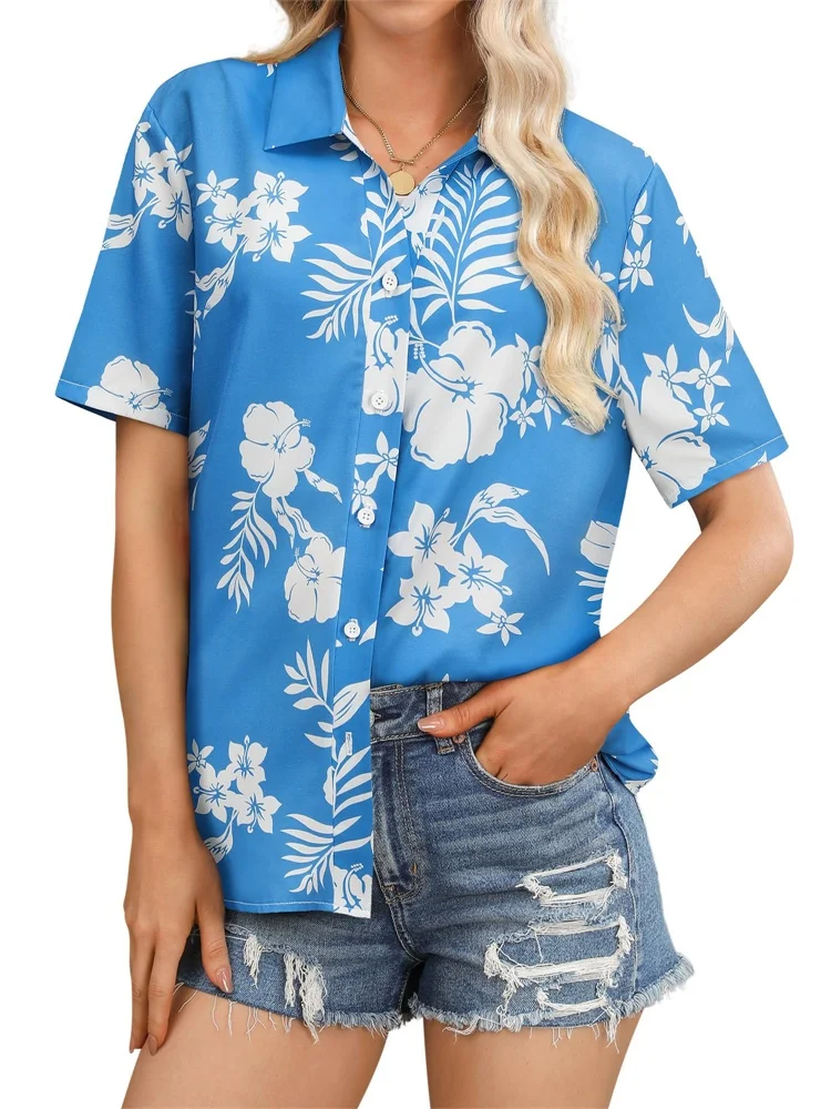 Kemeja Lengan Pendek Wanita Baru 2025 dengan Dasar Hitam dan Cetakan Tanaman Tropis Merupakan Liburan Musim Panas Yang Modis dan Kasual