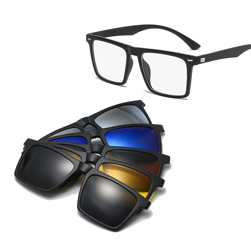 Gafas de Sol con Clip Magnético de 5 Lentes, Cuadradas, Polarizadas, para Hombre, Montura TR90 Gris, Personalizables con Prescripción, Gafas de Miopía para Mujer
