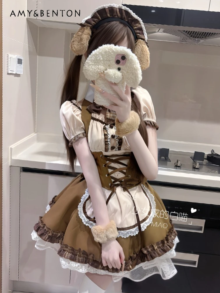 

Японский кавайный костюм горничной: милый комплект в студенческом стиле, облегающий жилет, платье Лолита, женская рубашка с коротким рукавом, мини-платье на бретельках, наряды.