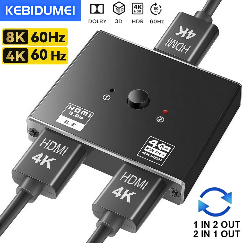 

4K 8K 60 Гц HDMI-совместимый переключатель-сплиттер 1x2/2x1 HDMI-совместимый концентратор HDMI-совместимый переключатель видеоразветвитель для PS 4 TV Box