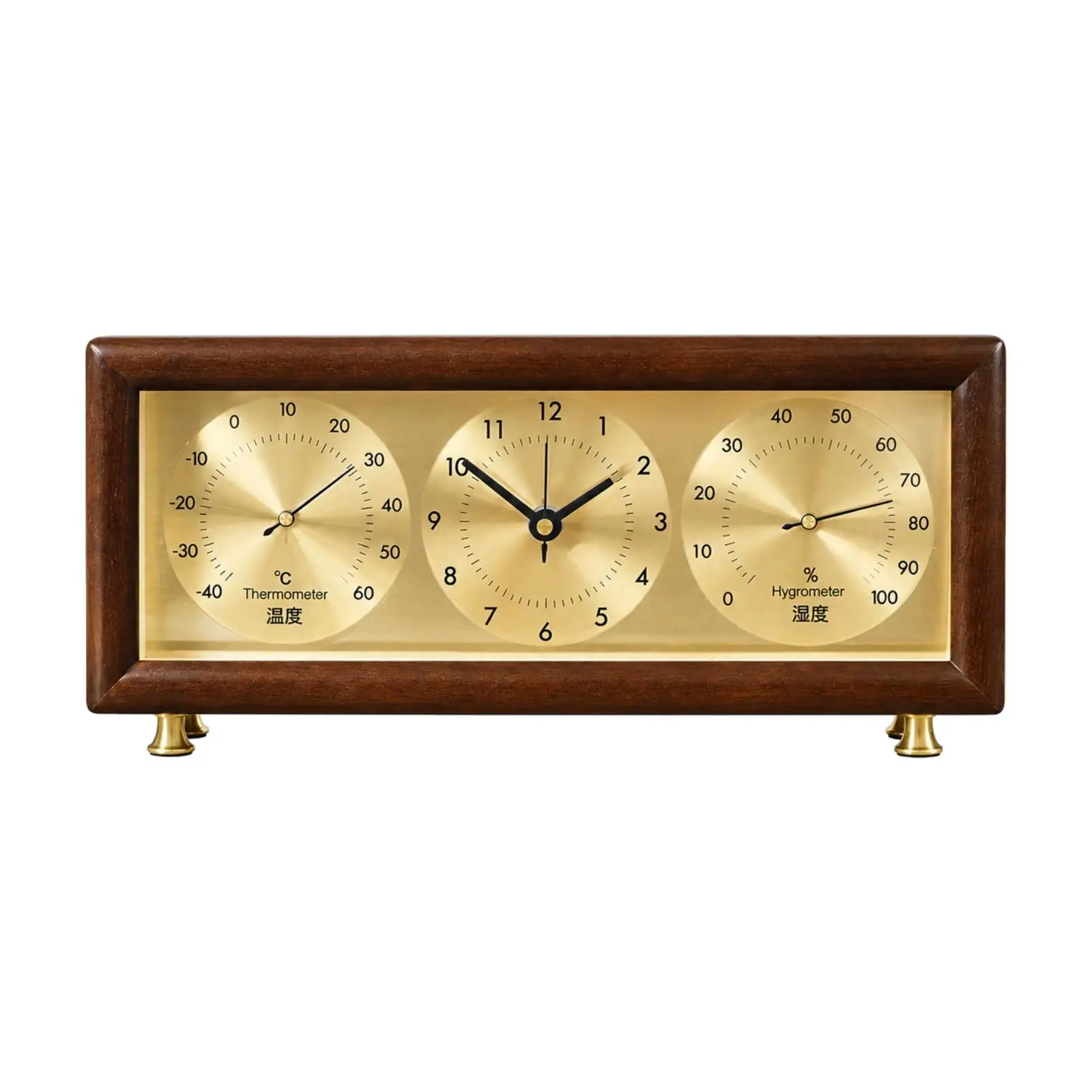 Quartz Table Clock with Thermometer and Hygrometer Quiet Wooden Table Clock with Glass Front Easy-to-Read Non-Ticking