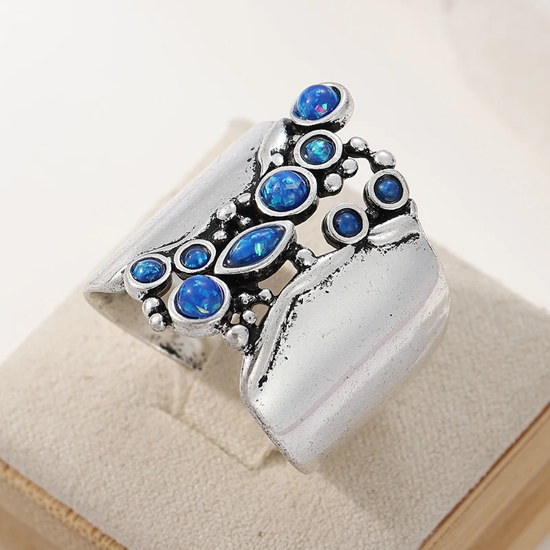 Vintage Silberfarbener Ring mit Eingelegtem Imitat-Blauopal für Damen, Geometrisches Hohldesign für Tägliches Tragen und Partys – Detail 1