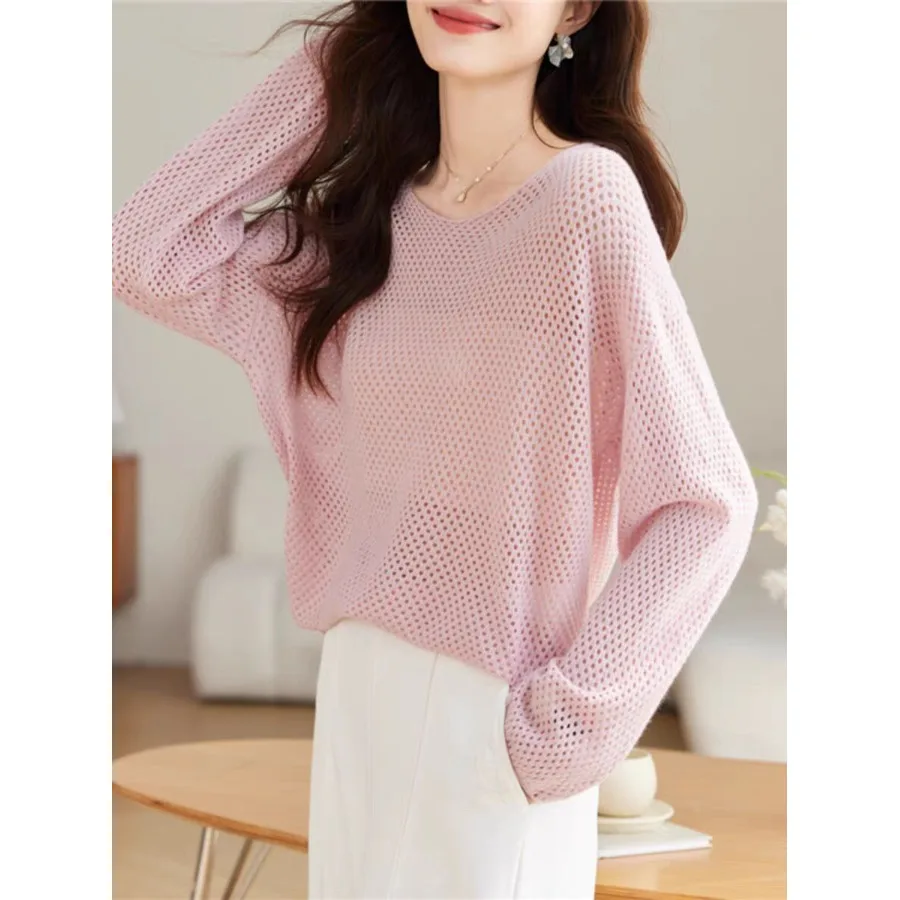 

Корейский стиль: Нежно-розовый кружевной вязаный топ с защитой от солнца, свободный крой, круглый вырез, в стиле lazy, женская летняя мода