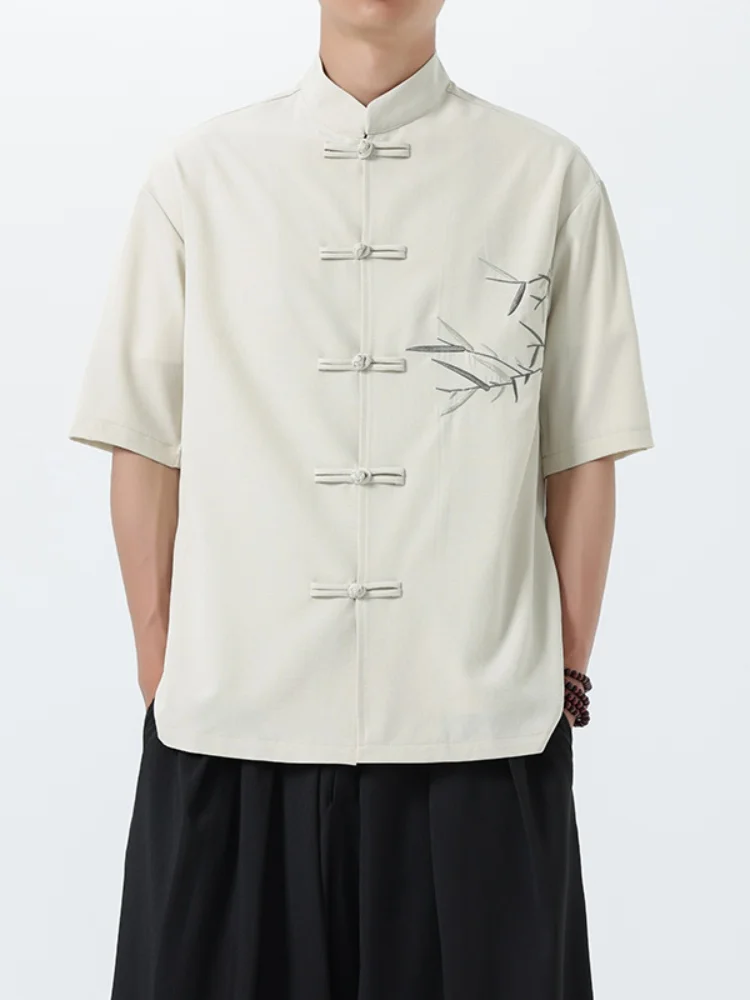 

New Chinese Sle Men's Summer irt Bamboo Embroidery Button up Retro Clergyman's Clothing Loose Fit ort Sve Stand Collar
