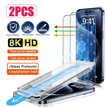 2 adet tek tıklama tozsuz kurulum HD ekran koruyucu iPhone 14 13 12 11 15 Pro Max Mini X XR XS MAX koruyucu cam