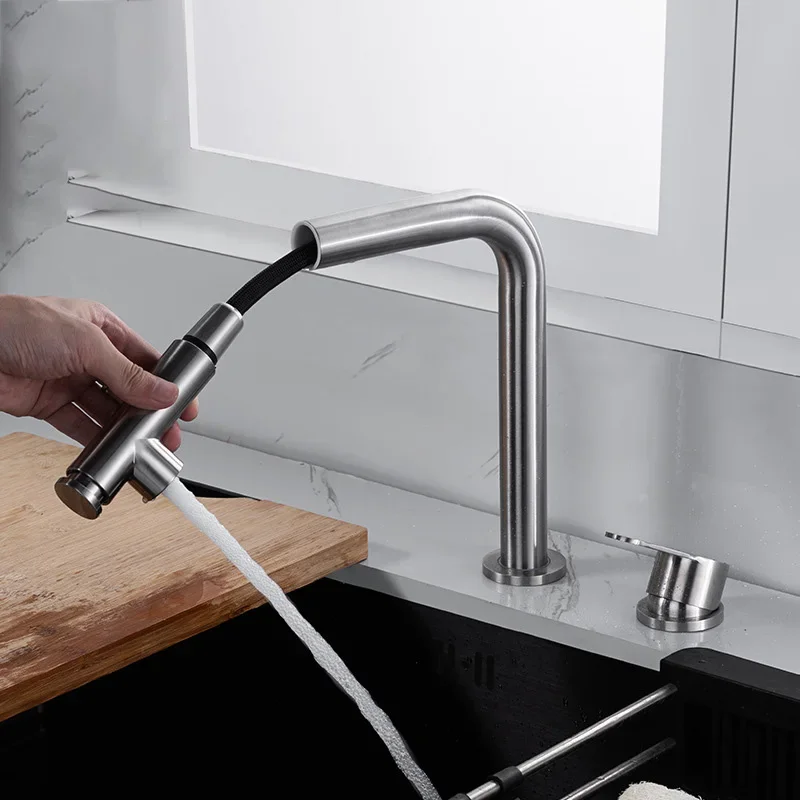 360° Swivel Kitchen Faucet Pull Out Sprayer Hidden Lifting Faucet Telescopic Cold and Hot Water Mixer Sink Tap Double Hole Split