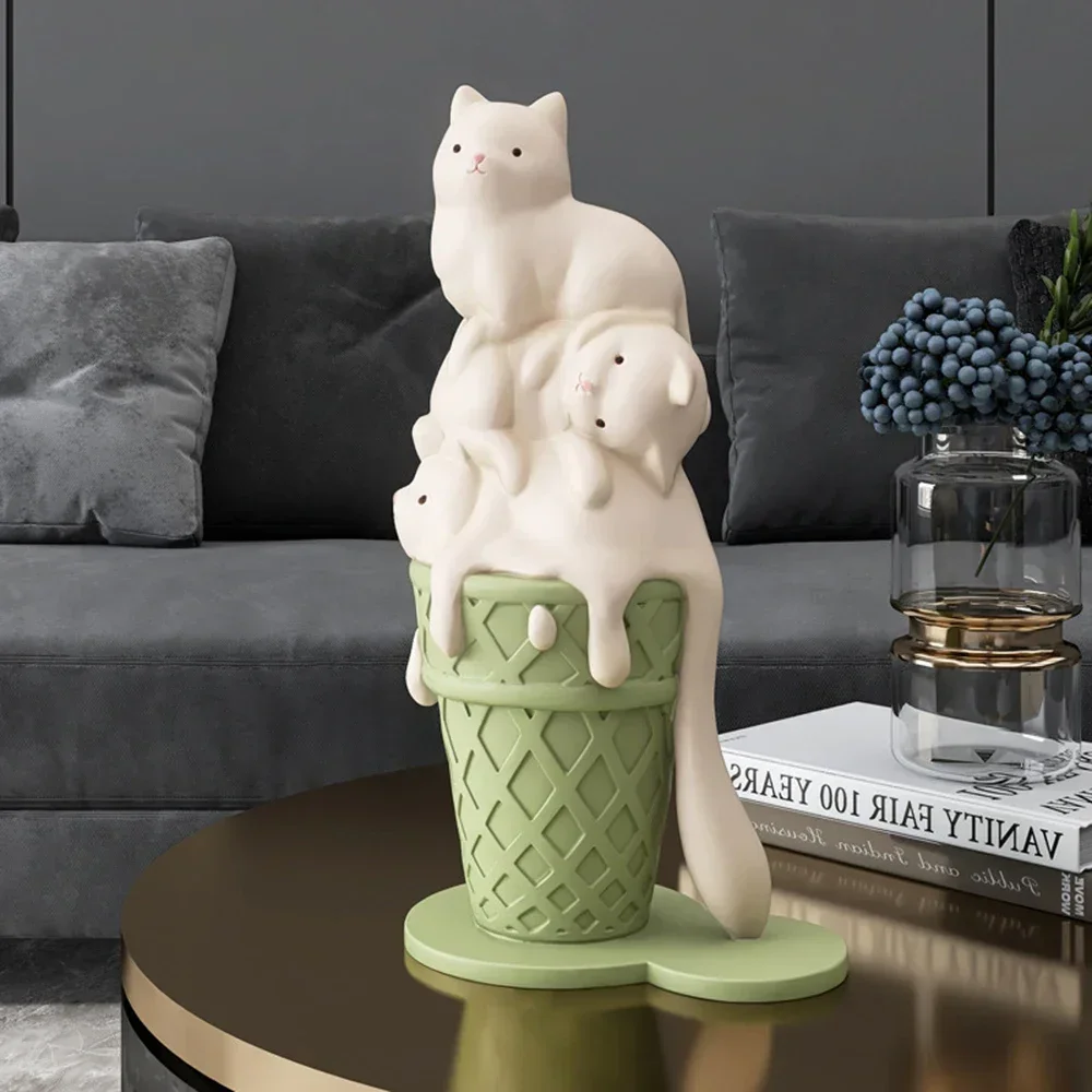 Cute Resin Ice Cream Cat Sculptures and Figurines Bookcase Shelf Interior Ornaments Statues Funny Gifts for Kids Room Decoration