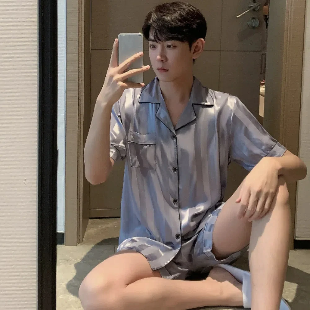 

Fashion Stripe Men’s Pajama Suit Satin Silk Loose Short Sleeve Nightwear Homewear Grid Two Pieces Sleepwear Summer