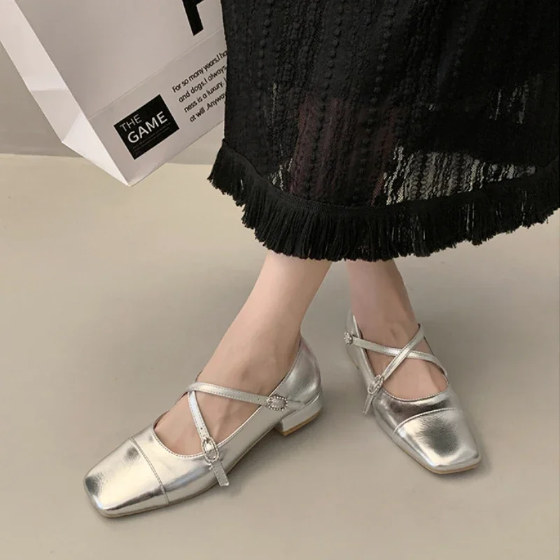 Medium Heeled Mary Jane Single Shoes 2024 New Women Retro Thick Heeled Ballet Shoes Cross Buckle Shallow Soft Sole Shoes