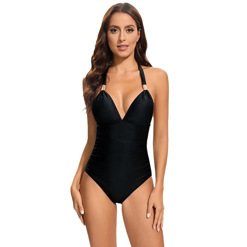 2025 Sexy One-piece Bikini High Waist V-neck Swimsuit Women's Sling Swimwear Solid Tight Beachwear Backless Seaside Bathing Suit