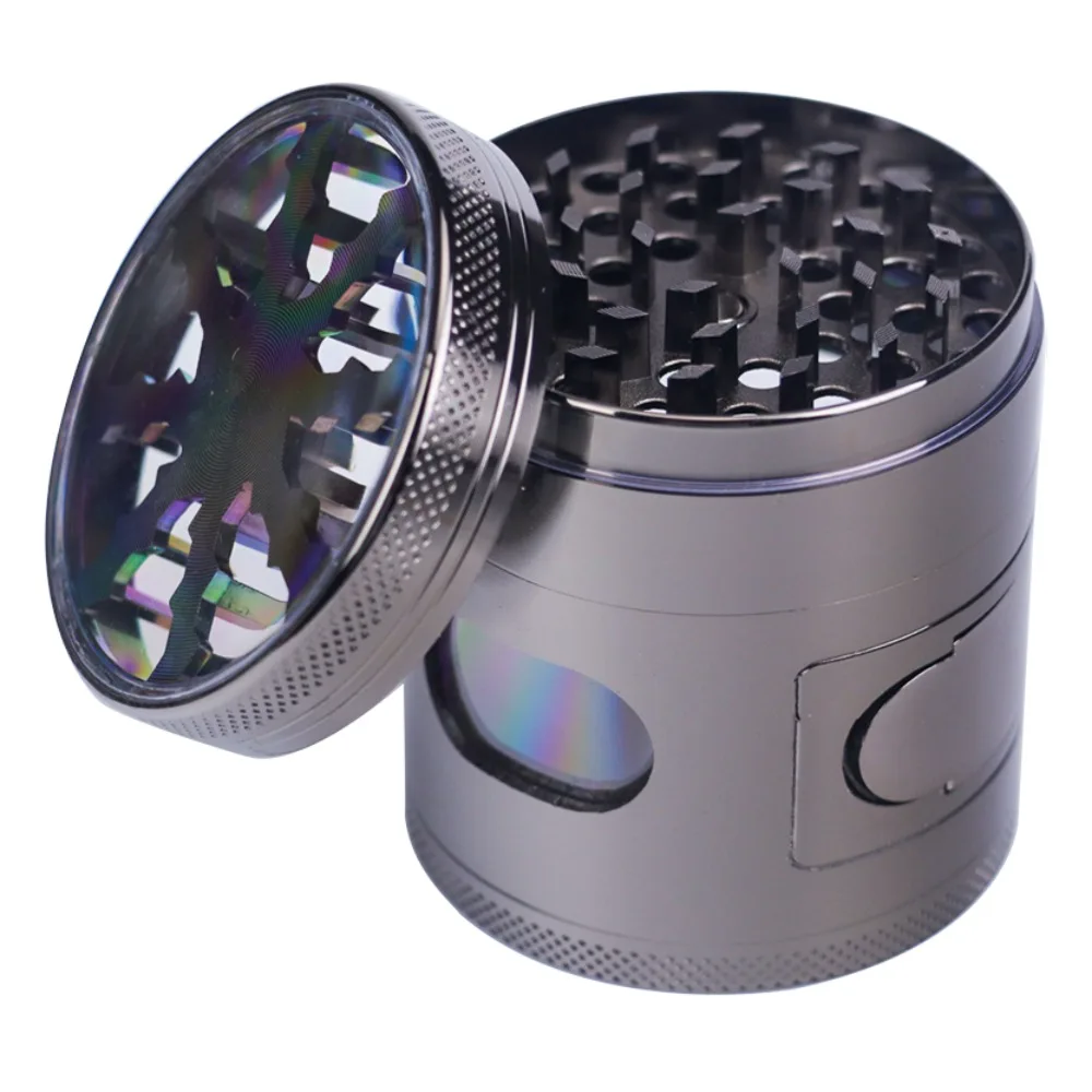 60mm 4 Layers Zinc Alloy Herb Grinder Gun Gray With Clear Window Drawer Design Manual Tobacco Spice Grinder Smoking Accessories