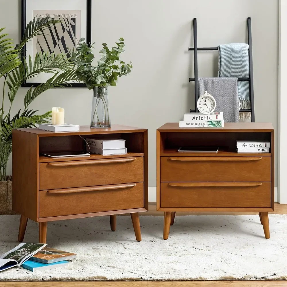 Nightstand with Charging Station, Set of 2 Mid-Century Modern 2 Drawer and Open Shelf Dresser for Bedroom, Fluted Bedside Table