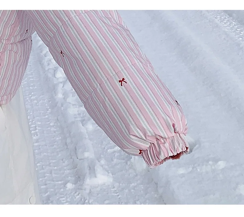 Korean Striped Bow Pattern Cropped Padded Jacket for Women Winter Hooded Coat with Faux Fur Collar Woman Sweet Thick Warm Parkas