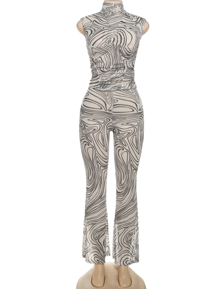 Weird Puss See Through Women 2 Piece Set Black Stripes Tank Tops+Flare Pants Stretch Clubwear Skinny Coquette Matching Outfits
