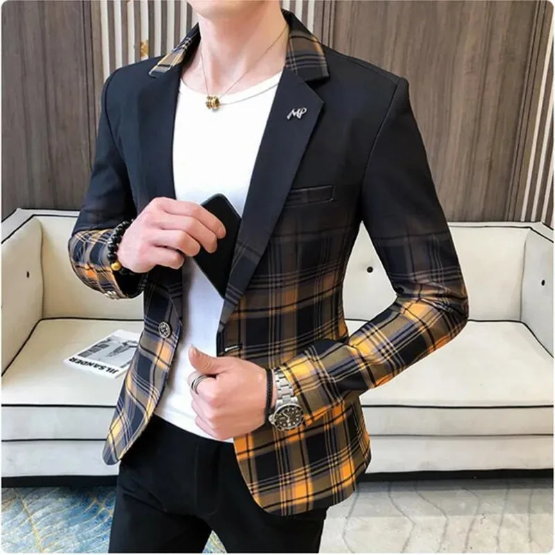 

2023 Spring Men's Plaid Blazer Fashion Business Casual Slim Suit Jacket Large Size Banquet Wedding Party Club Dress