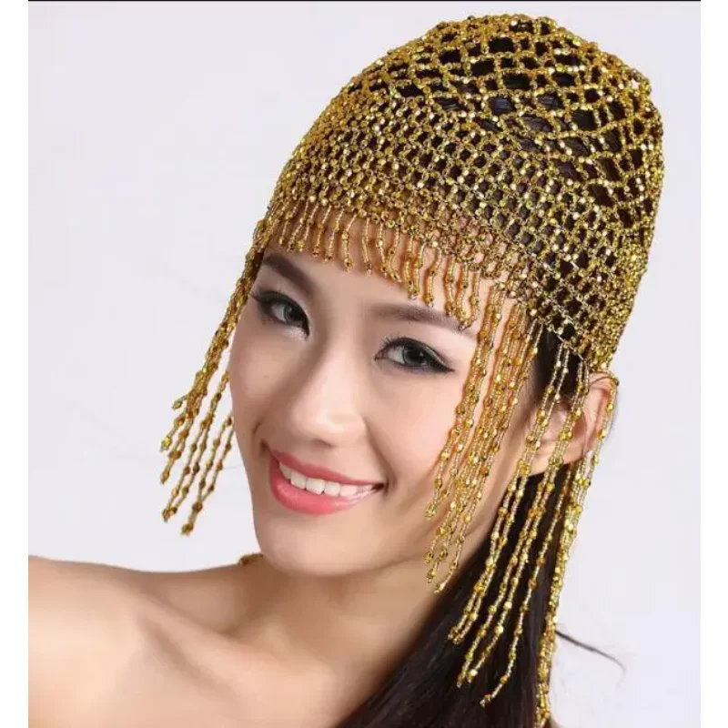 Indian Belly dance Cap Tassel Beaded Hat Women Space Warrior Wig Sliver Performance Stage Short Cover