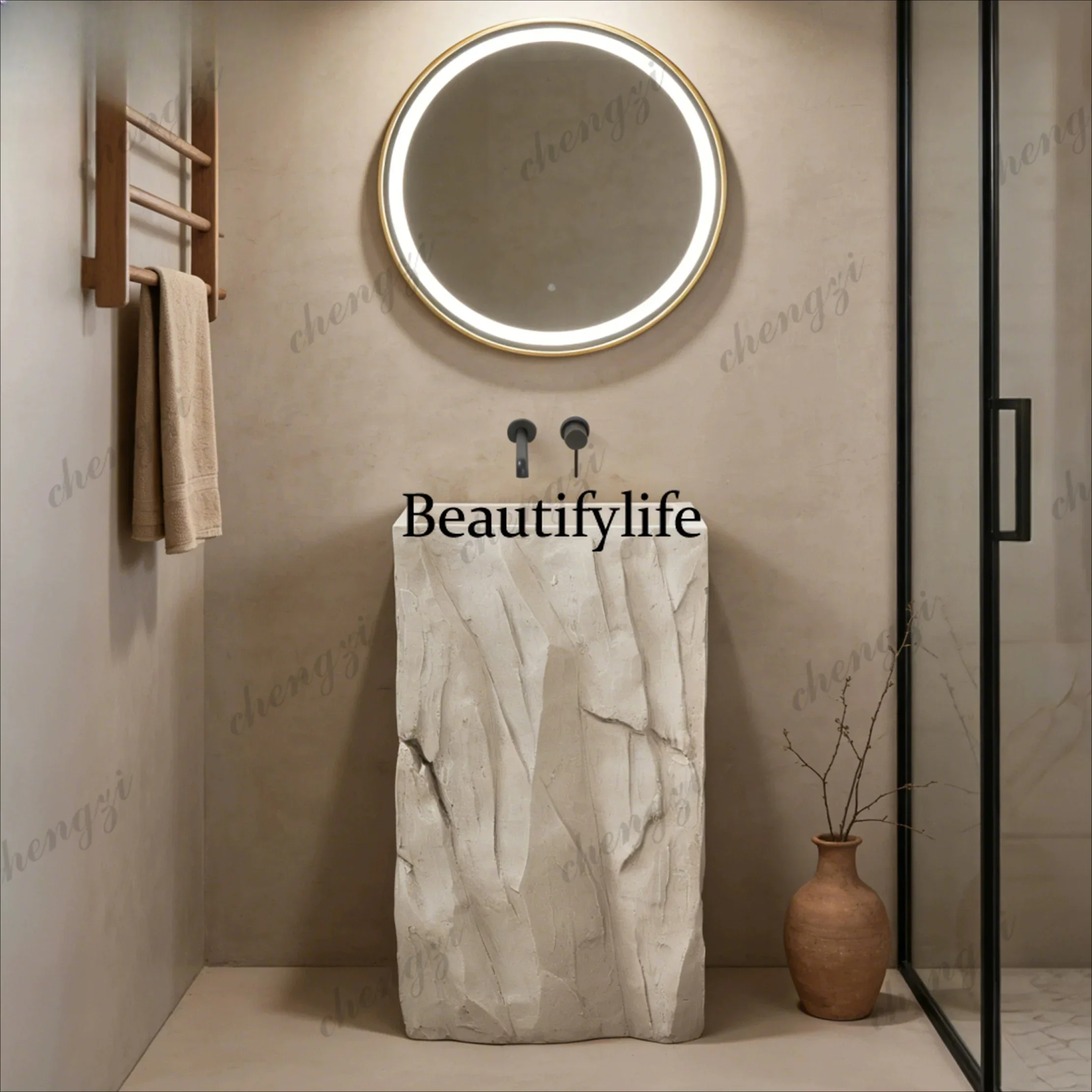 Floor-to-ceiling washbasin Japanese-style pillar basin Rock texture washbasin Household outdoor integrated garden art