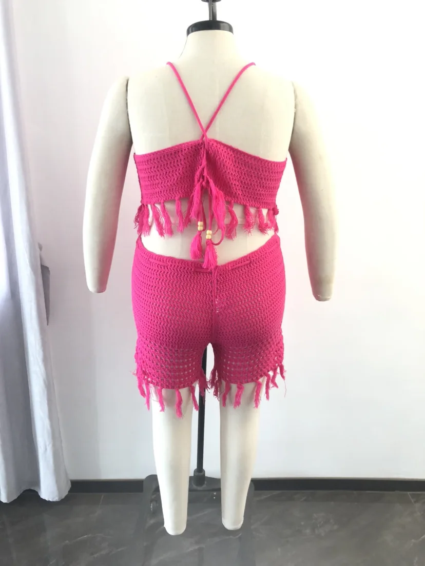 Plus Size Sexy Knitted Tassel Two Piece Set Summer Halter Sleeveless Crop Top Shorts Women Clothings Beach Style Fashion Suits