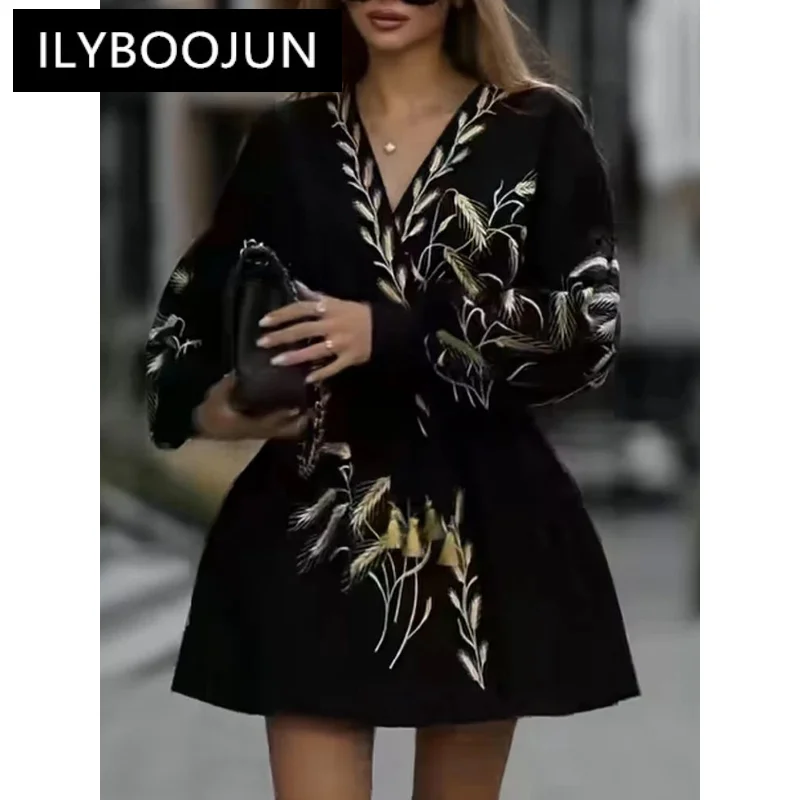 Patchwork Embroidery Casual Mini Dresses For Women V Neck Lantern Sleeve High Waist Temperament A Line Dress Female Fashion