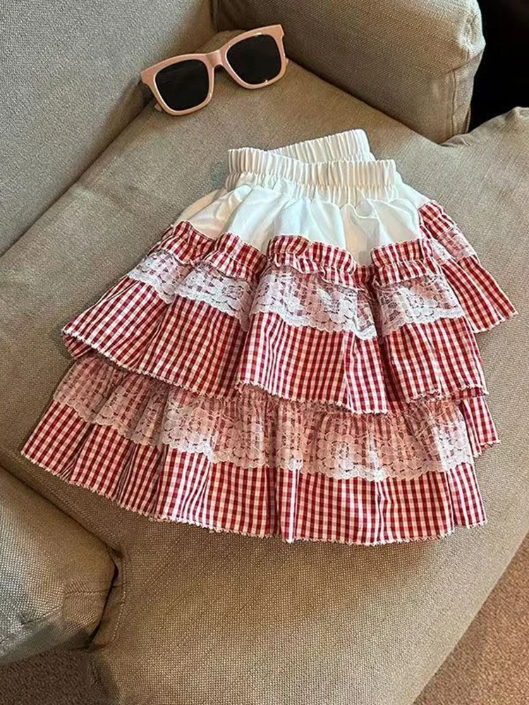 Falda a cuadros de encaje dulce coreano para mujer, minifaldas Vintage bonitas de cintura alta, falda informal de estilo pijo de retazos Y2k para mujer Kawaii