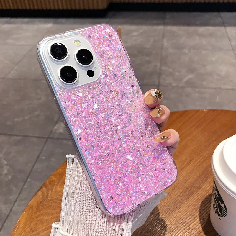 Glitter Sequins Bling Bumper Case for IPhone 16 15 14 13 12 11 Pro Max 16Pro Epoxy Silicone Acrylic Shockproof Back Cover Caque