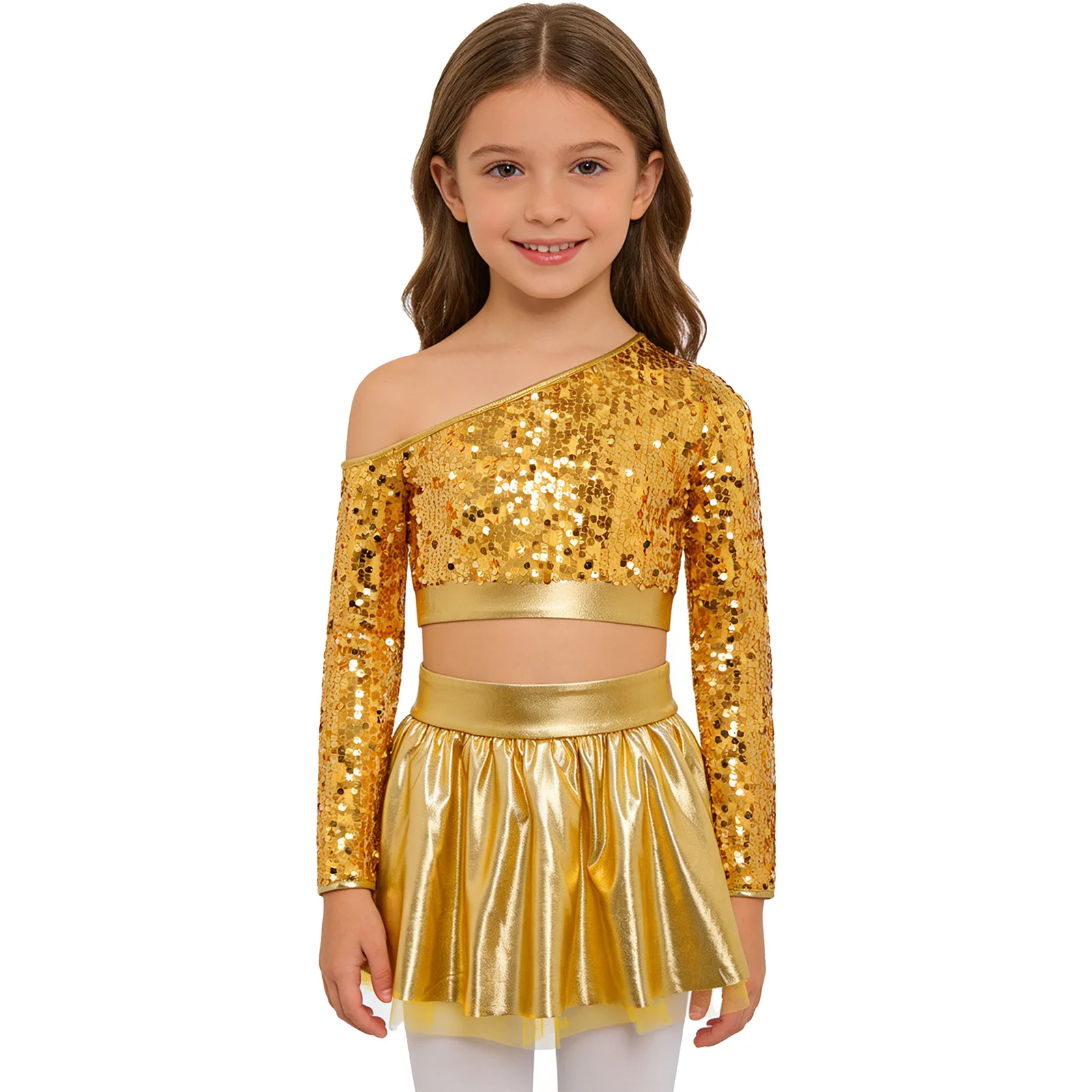 Kids Girls Jazz Dance Cheerleading Costume Long Sleeve Sequins Crop Tops Metallic Mesh Tutu Skirt for School Party Performance