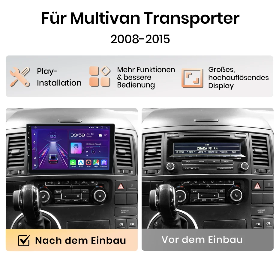 Junsun 9-Zoll Android 15 Autoradio für VW Volkswagen Metro Multivan T5 2008 - 2015, kabellos für Apple CarPlay, Auto-IPS-Bildschirm, Stereo-Multimedia-Videoplayer, intelligente Fahrzeugsysteme, 2-DIN-Autoradio-Hauptein – Detail 4