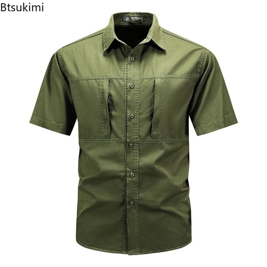 Kaus katun 100% lengan pendek taktis pria, baju kargo banyak saku luar ruangan musim panas, kaus kerja memancing mendaki pria