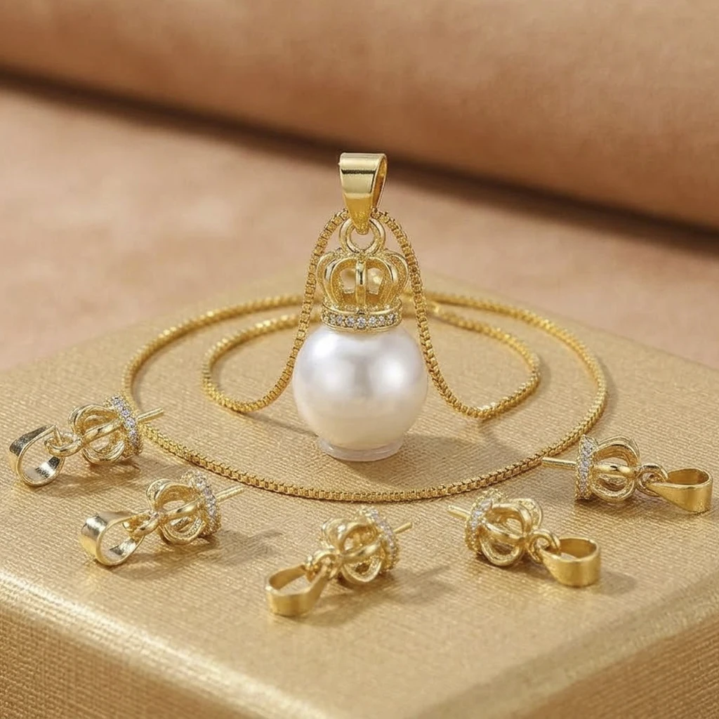 4Pcs Real Gold Plated Cubic Zirconia Crown Pendant Mounting DIY Pearl Peg Bail Finding for Necklace Jewelry Making Components