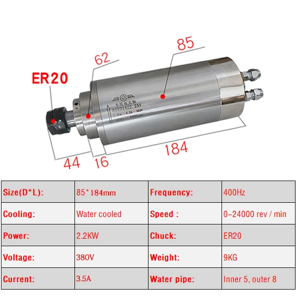 2.2KW 3.0KW 4.5KW CNC Spindle Motor 220V 380V Water Cooled Engraving Machine Z Axis Shaft 85mm 100mm Spindle ER20 Collet Chuck