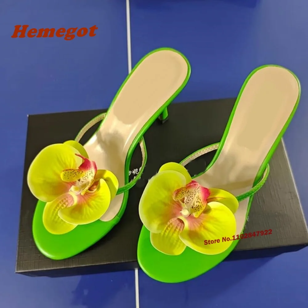 Green Flower Pinch Toe Slippers Kitten Heels Slip On Patchwork Summer Women's Slippers 2023 Newest Elegant Party Shoes Outside