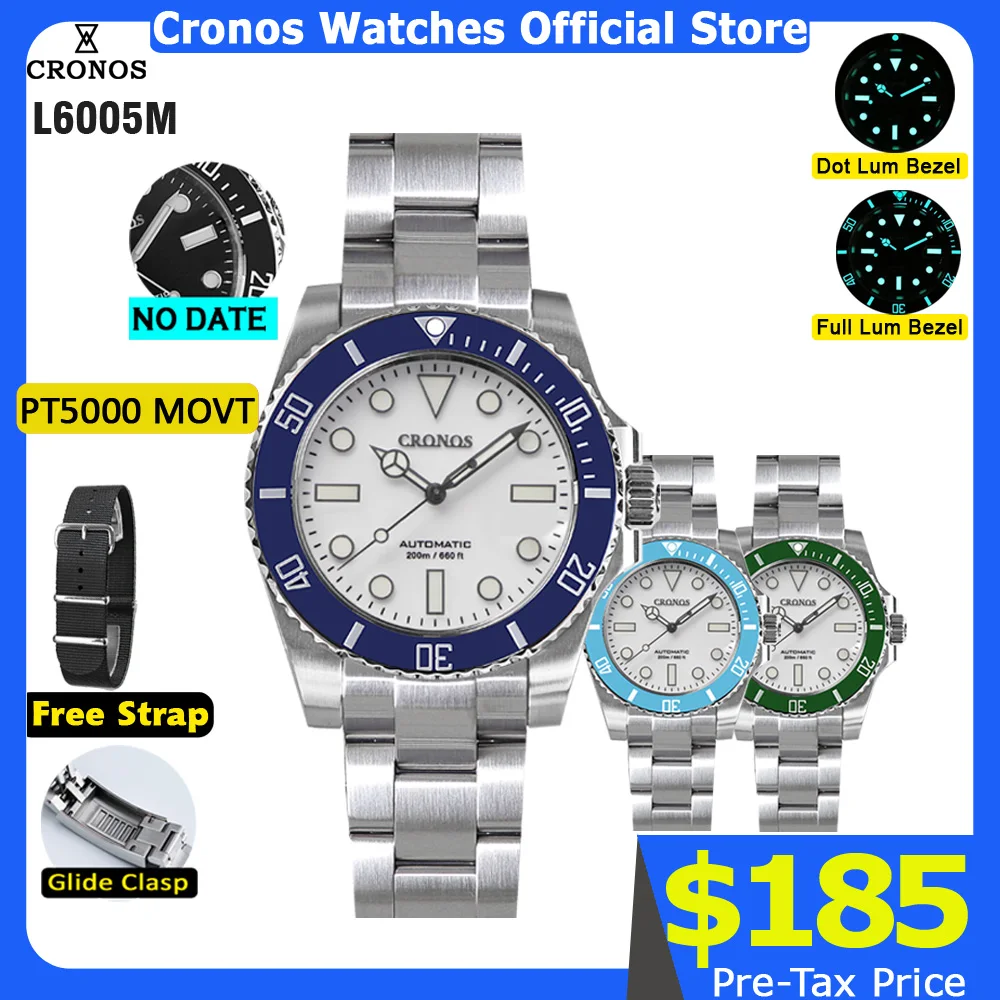 

Мужские часы Cronos Sub Diver с белым циферблатом PT5000, матовый браслет без даты, керамический безель, 200 метров, водостойкая скользящая застежка L6005M