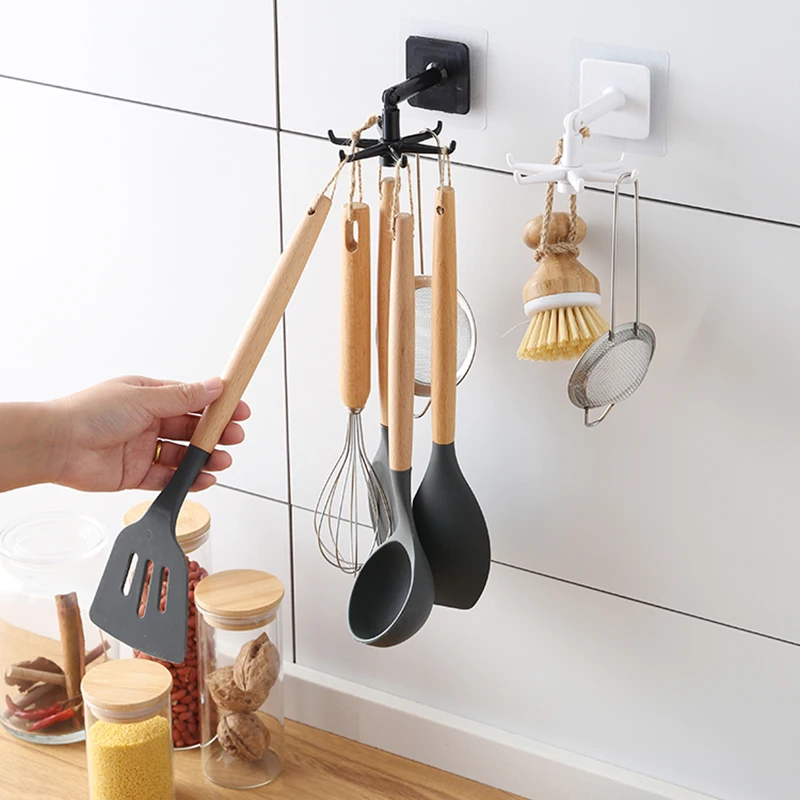 WIKHOSTAR 360 Degrees Rotated Kitchen Hooks Adhesive 6 Hooks Wall Rotatable Rack For Organizer Handbag Clothes Ties Hanging Rack