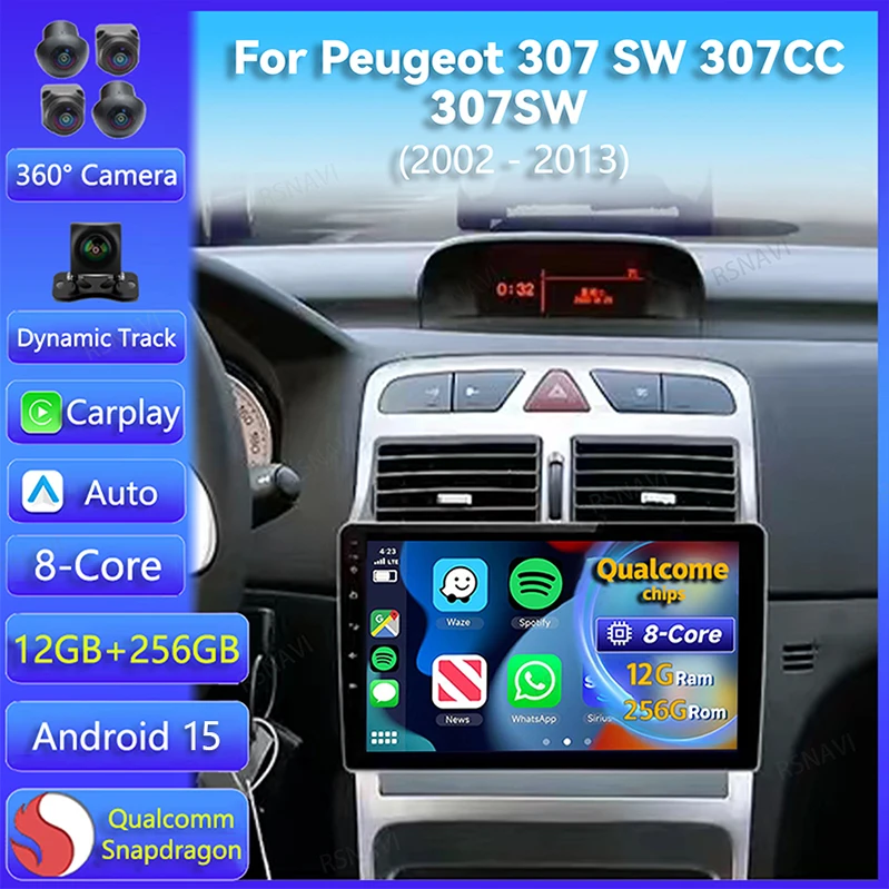 Android 15 Carplay For Peugeot 307 SW 307CC 307SW 2002 2003 2004 2005 2006 2007 - 2013 Multimedia Car Radio Player WIFI+4G DSP