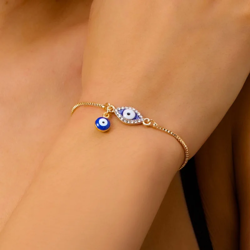 Classic Turkish Evil Eyes Bracelet for Women Lucky Rhinestone Blue Eye Push Pull Adjustable Bracelet Girls Party Jewelry Gift