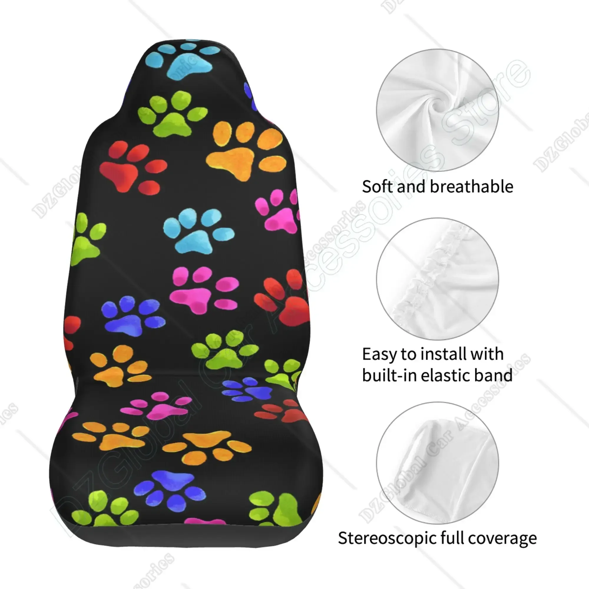 Kolorowe Dog Paw Print pokrowce na siedzenia dla kobiet pokrowce na przednie siedzenia czechy Design wnętrze samochodu zestaw ochraniaczy 2 uniwersalne — zdjęcie 7